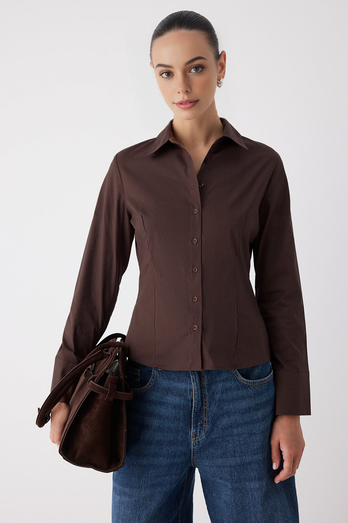 Waist-Fitting Cotton Woven Shirt