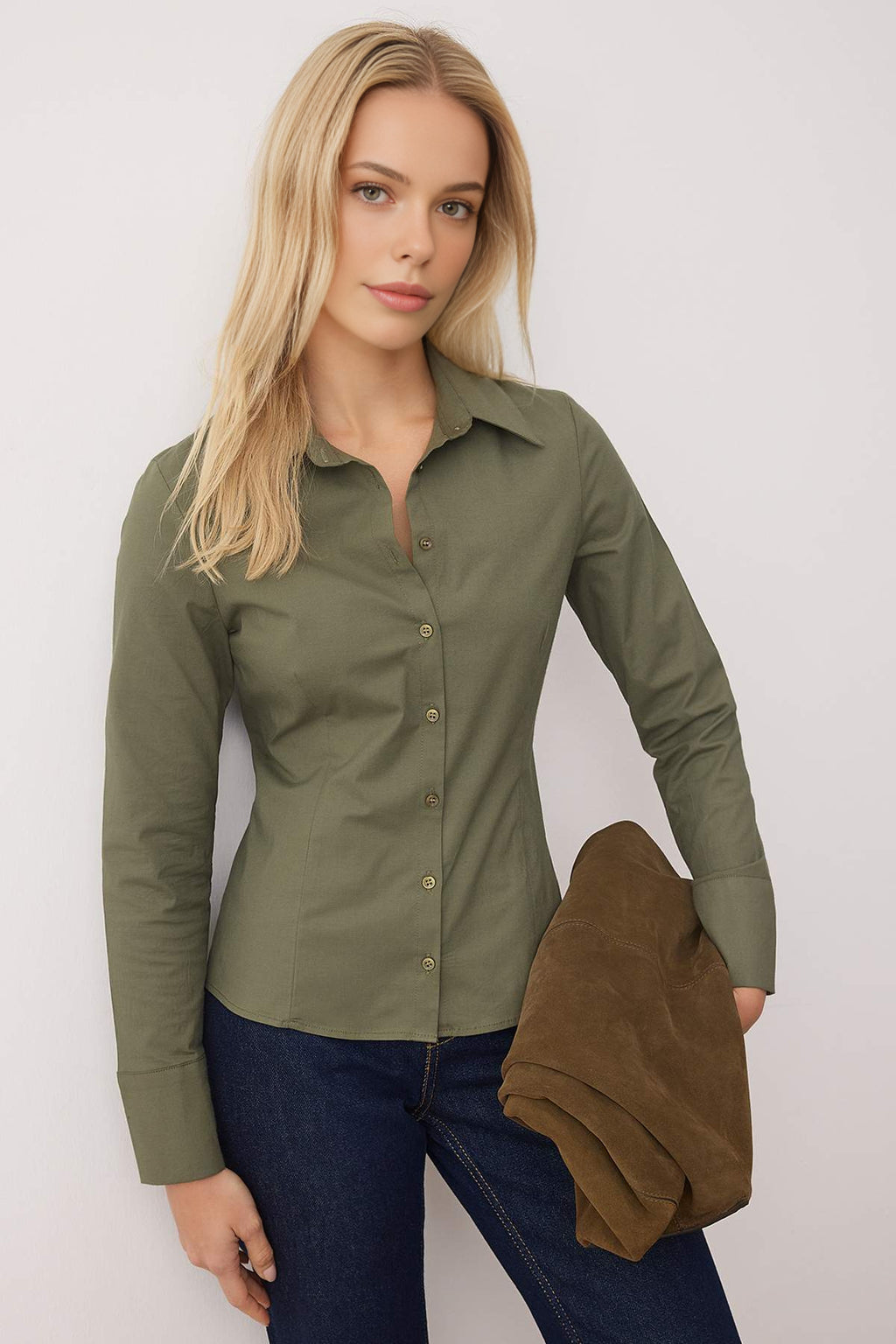 Waist-Fitting Cotton Woven Shirt