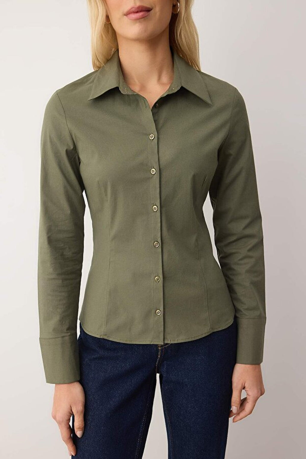 Waist-Fitting Cotton Woven Shirt