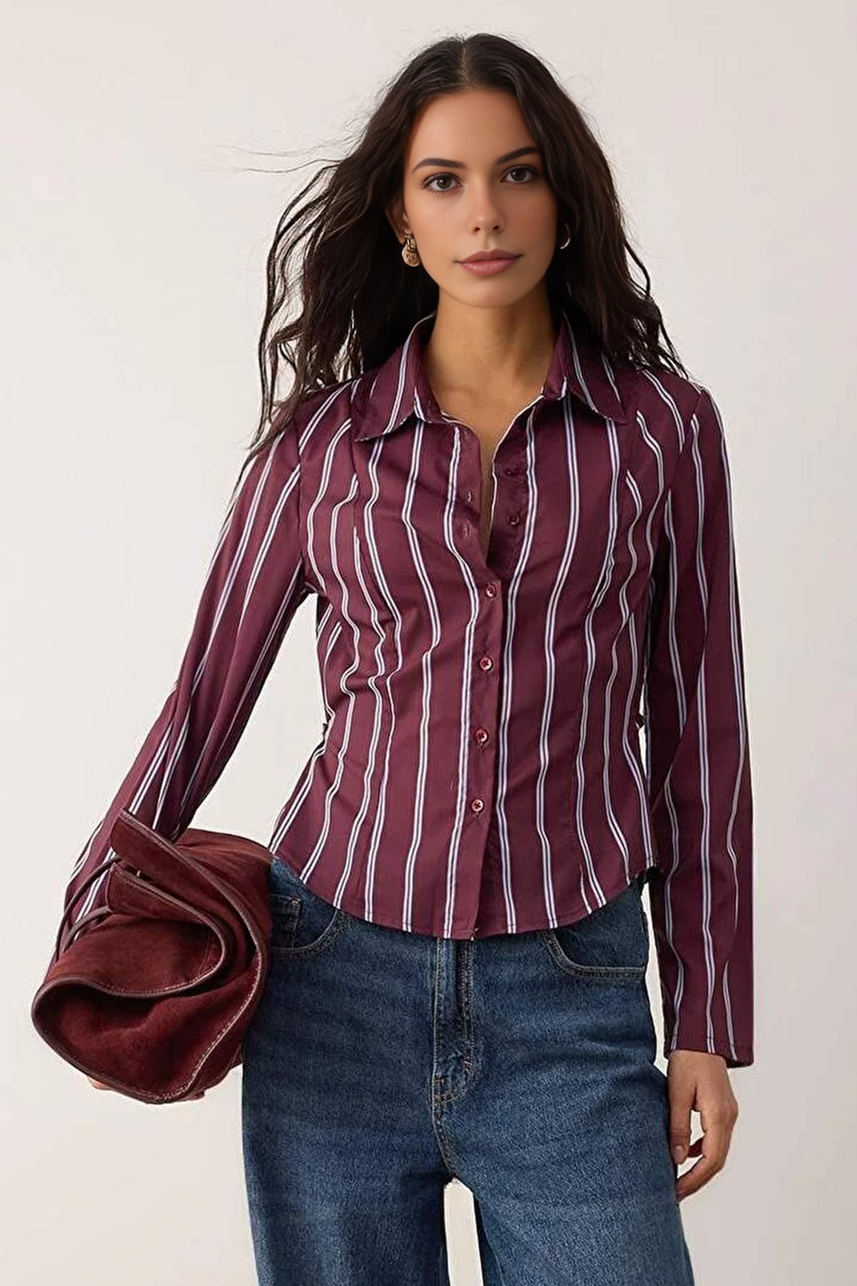 Striped Shirt with Adjustable Waist and Wide Sleeves