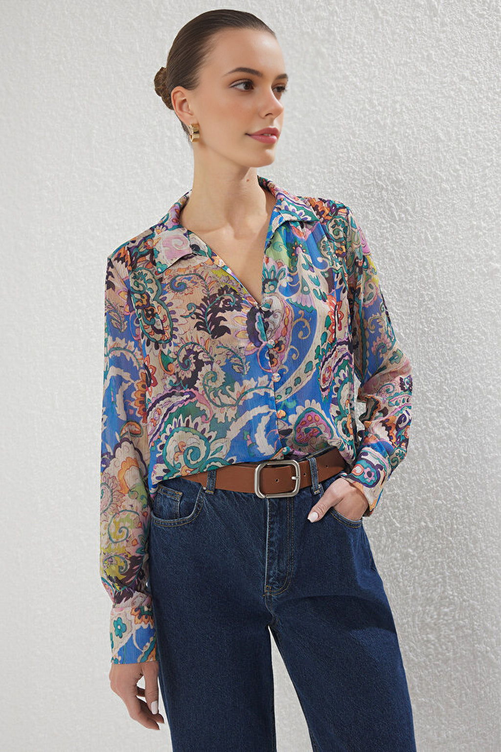 Oversize Patterned Chiffon Shirt