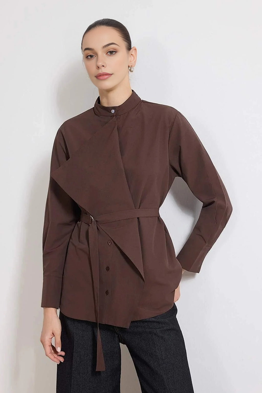 Cotton Fabric Woven Shirt with Belt and Collar Detail