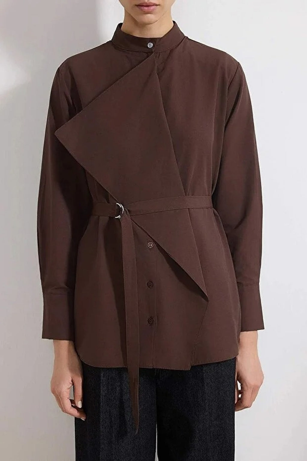 Cotton Fabric Woven Shirt with Belt and Collar Detail