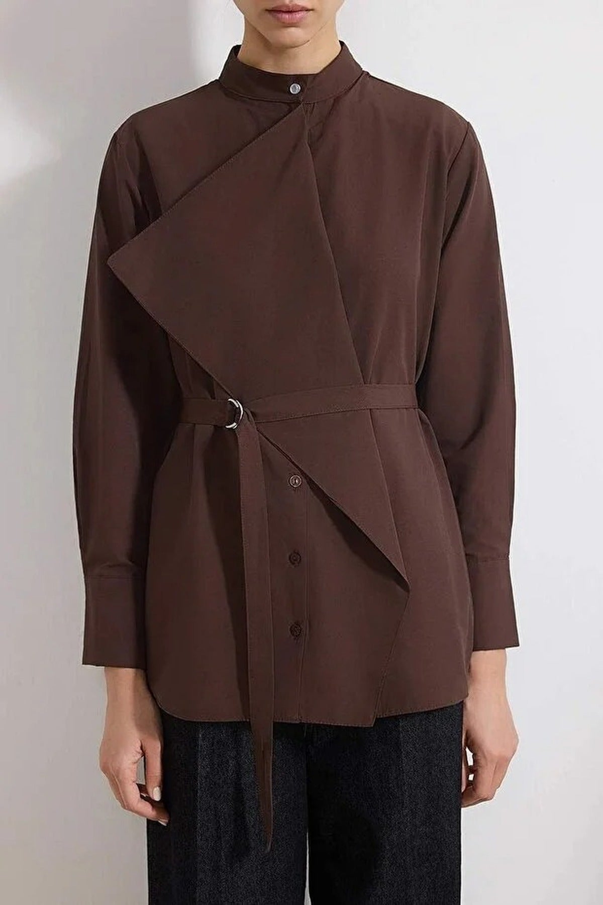 Cotton Fabric Woven Shirt with Belt and Collar Detail