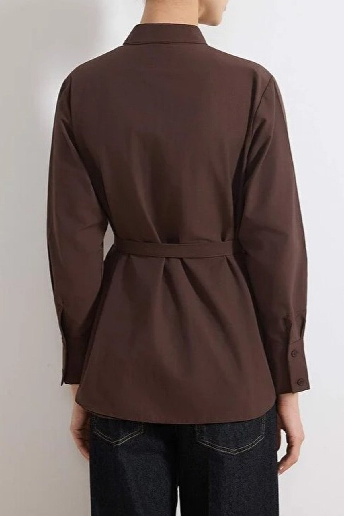 Cotton Fabric Woven Shirt with Belt and Collar Detail