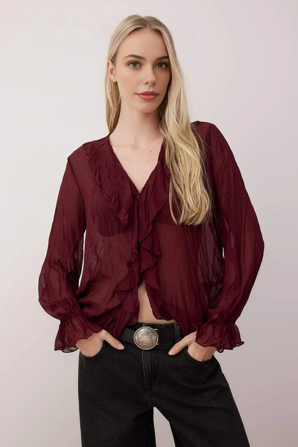 Wrinkled-Look Chiffon Transparent Shirt