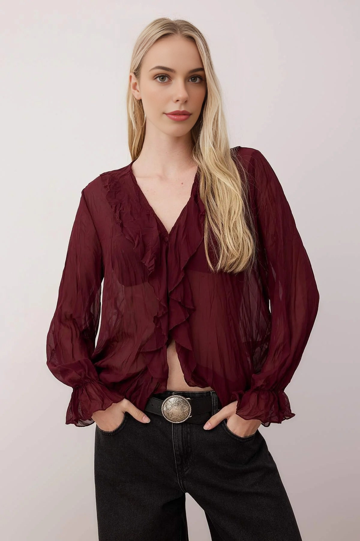 Wrinkled-Look Chiffon Transparent Shirt