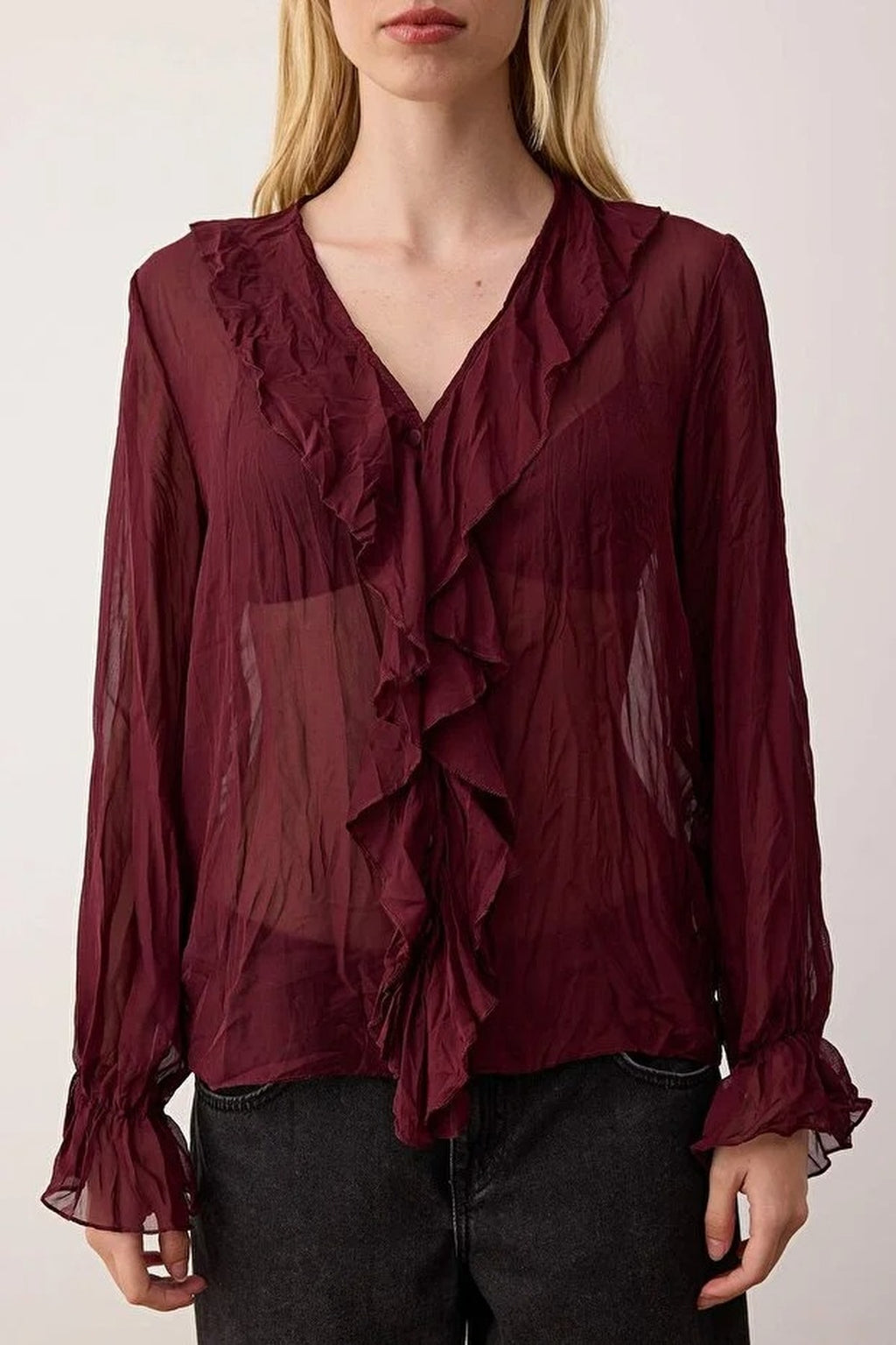 Wrinkled-Look Chiffon Transparent Shirt