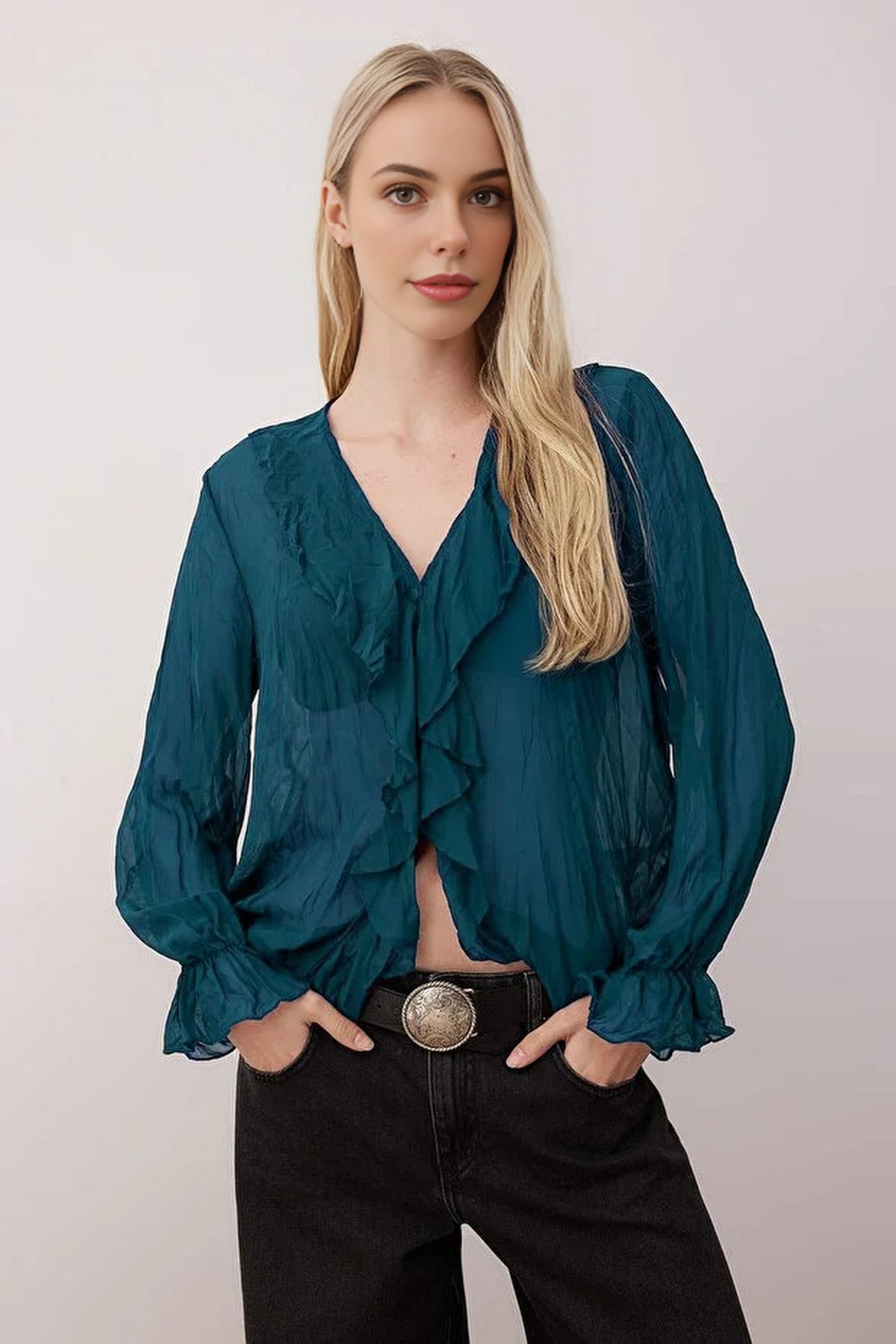 Wrinkled-Look Chiffon Transparent Shirt