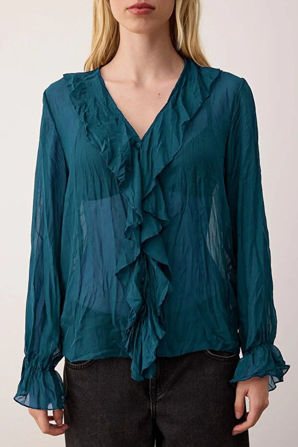Wrinkled-Look Chiffon Transparent Shirt