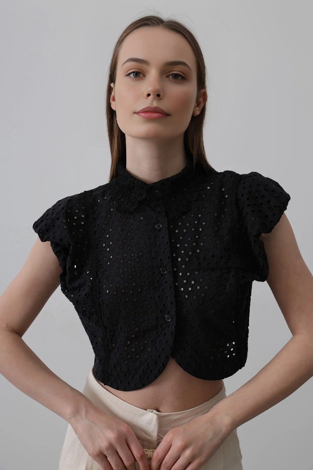 100% Cotton Embroidered Sleeveless Crop Shirt