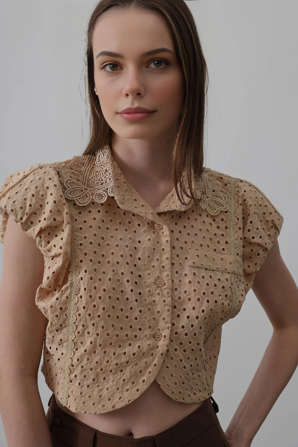 100% Cotton Embroidered Sleeveless Crop Shirt