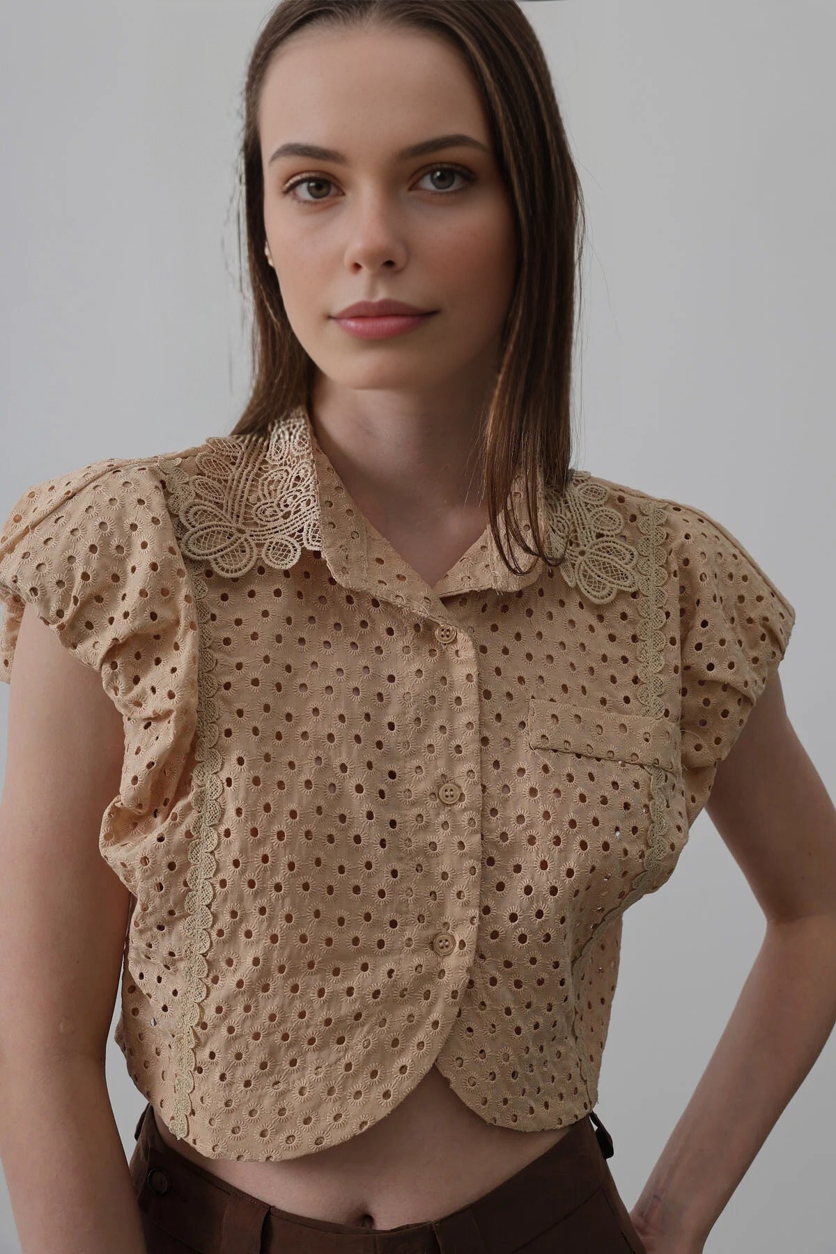100% Cotton Embroidered Sleeveless Crop Shirt