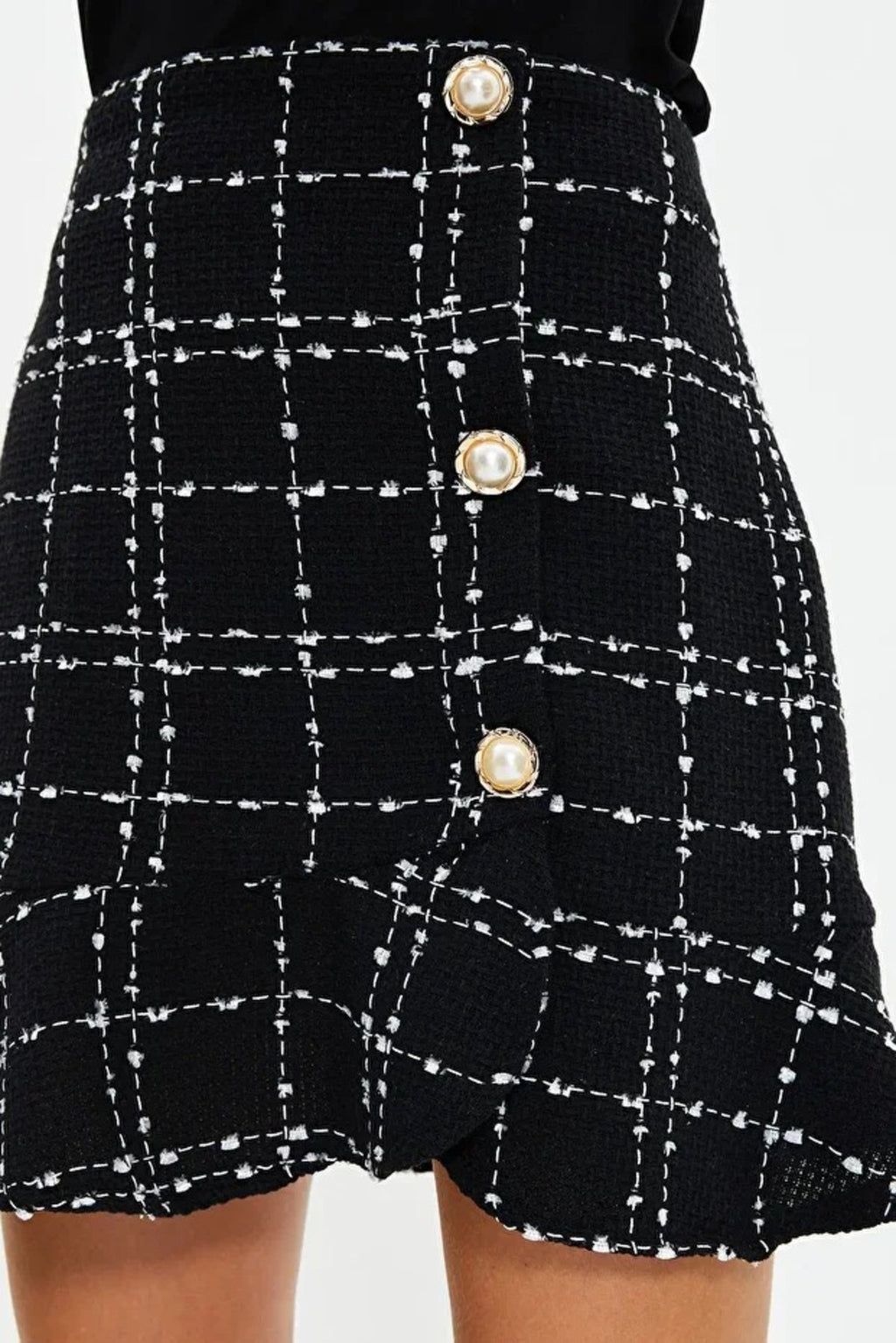 Tweed Skirt Flounce Mini Woven Skirt Button Detail