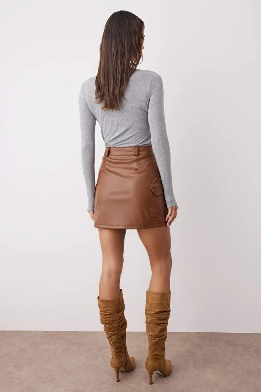 Faux Leather High Waist Mini Knit Skirt with Cargo Pocket
