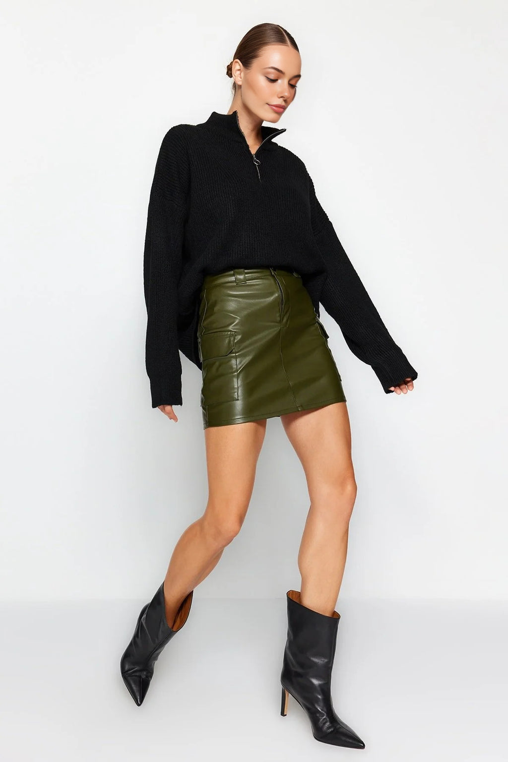 Faux Leather High Waist Mini Knit Skirt with Cargo Pocket