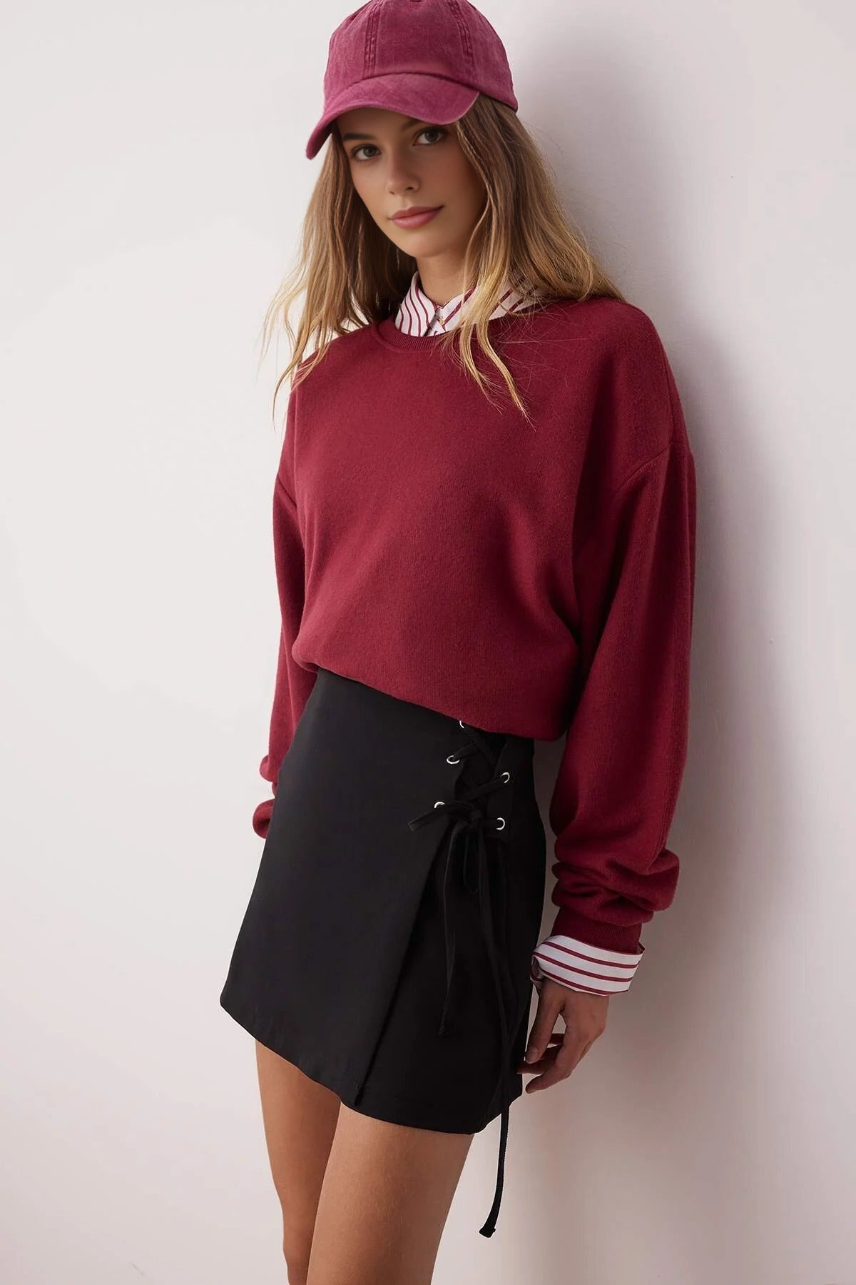 Woven Short Skirt with Tie and Eyelet Detail