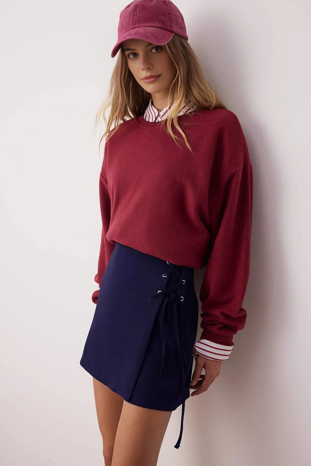 Woven Short Skirt with Tie and Eyelet Detail