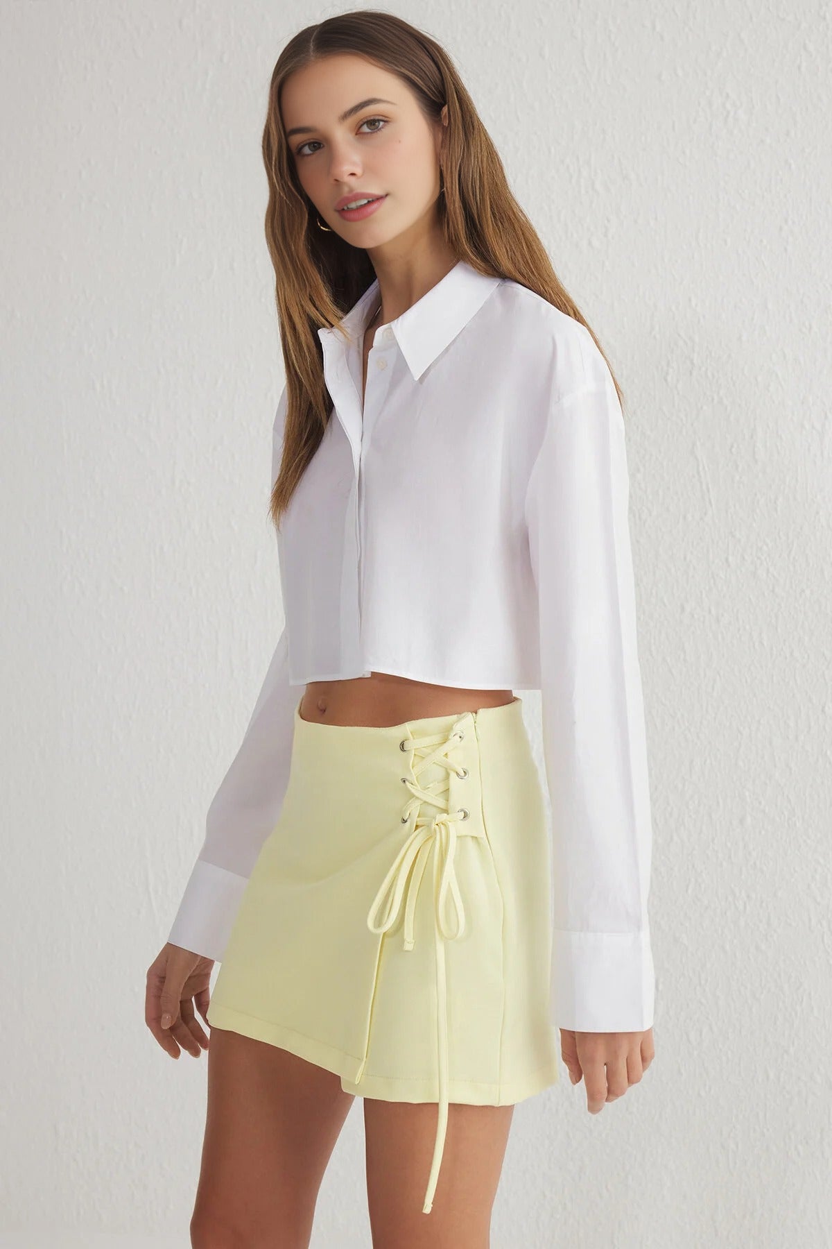 Woven Short Skirt with Tie and Eyelet Detail