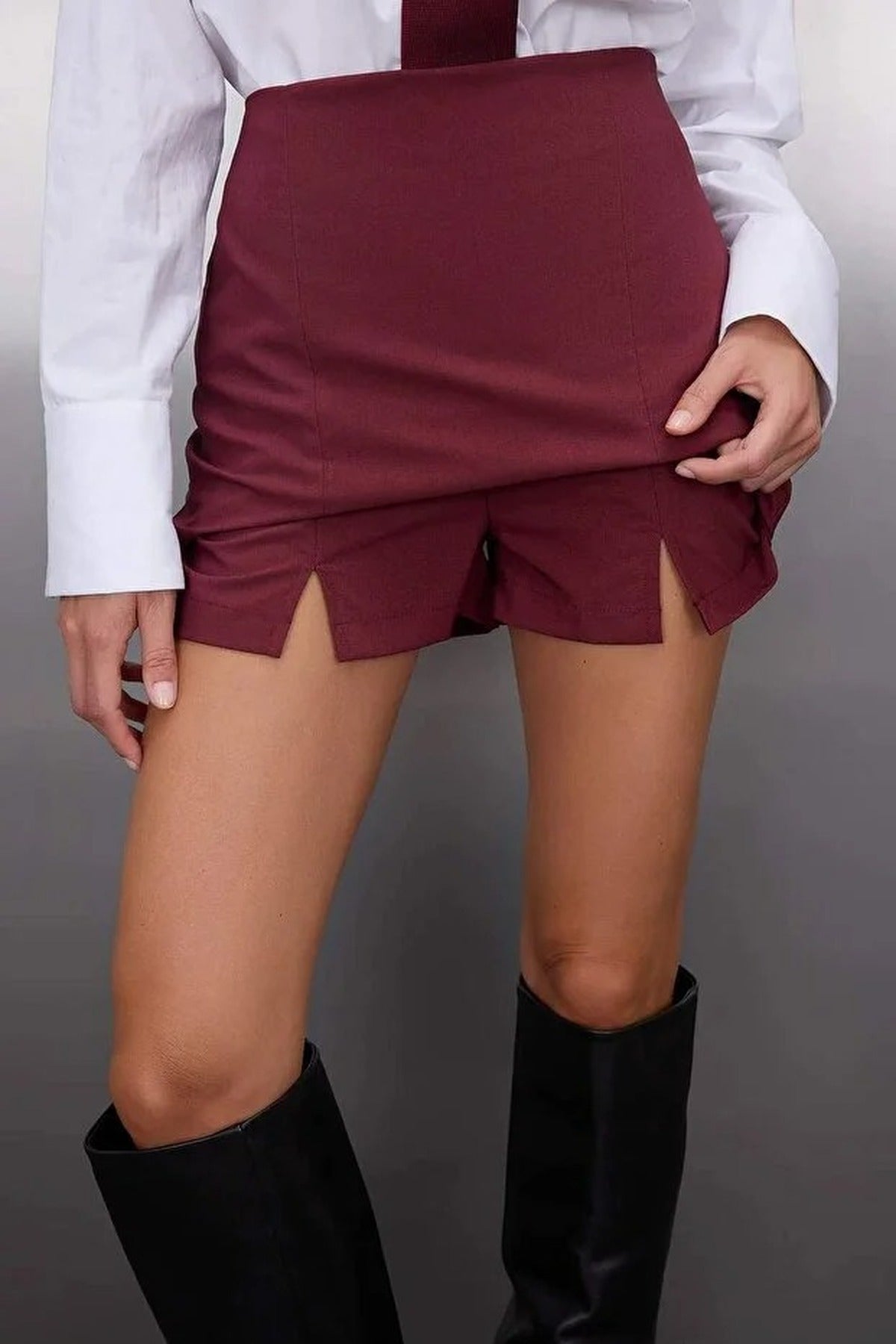 Mini Woven Shorts Skirt with Bow and Slit Detail