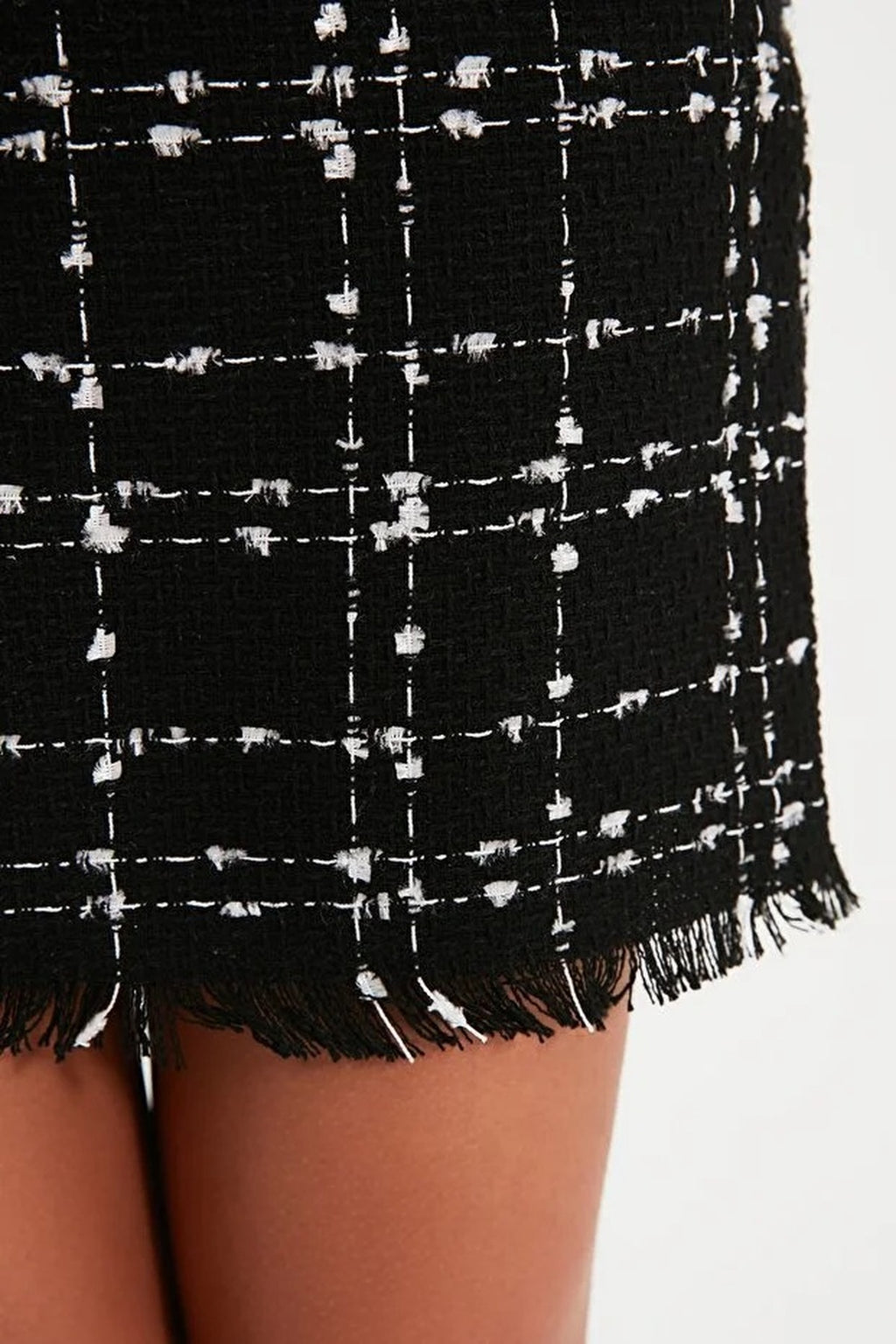 Tweed Fabric Pencil Mini Woven Skirt with Tassel Detail
