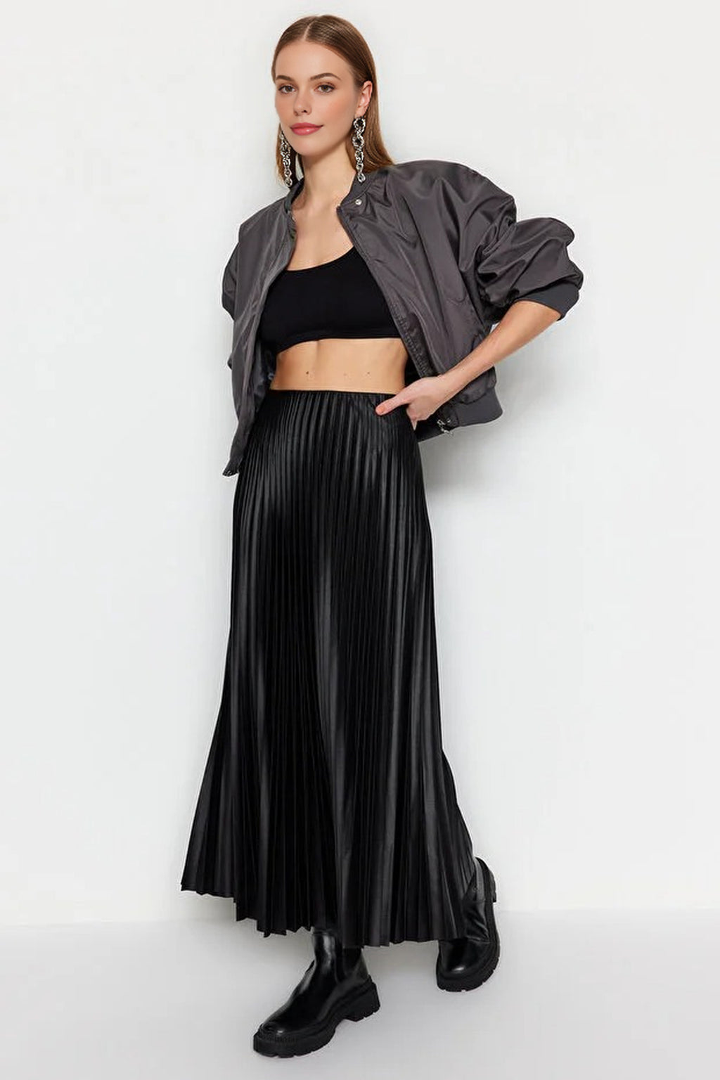Pleated Maxi Stretch Knit Skirt