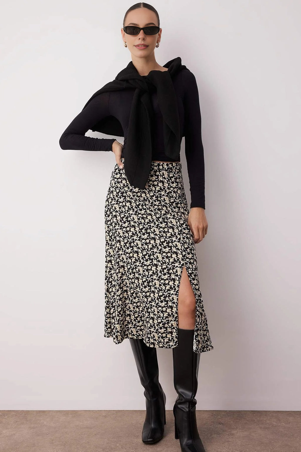 Floral Print Midi Woven Skirt with Slit Detail