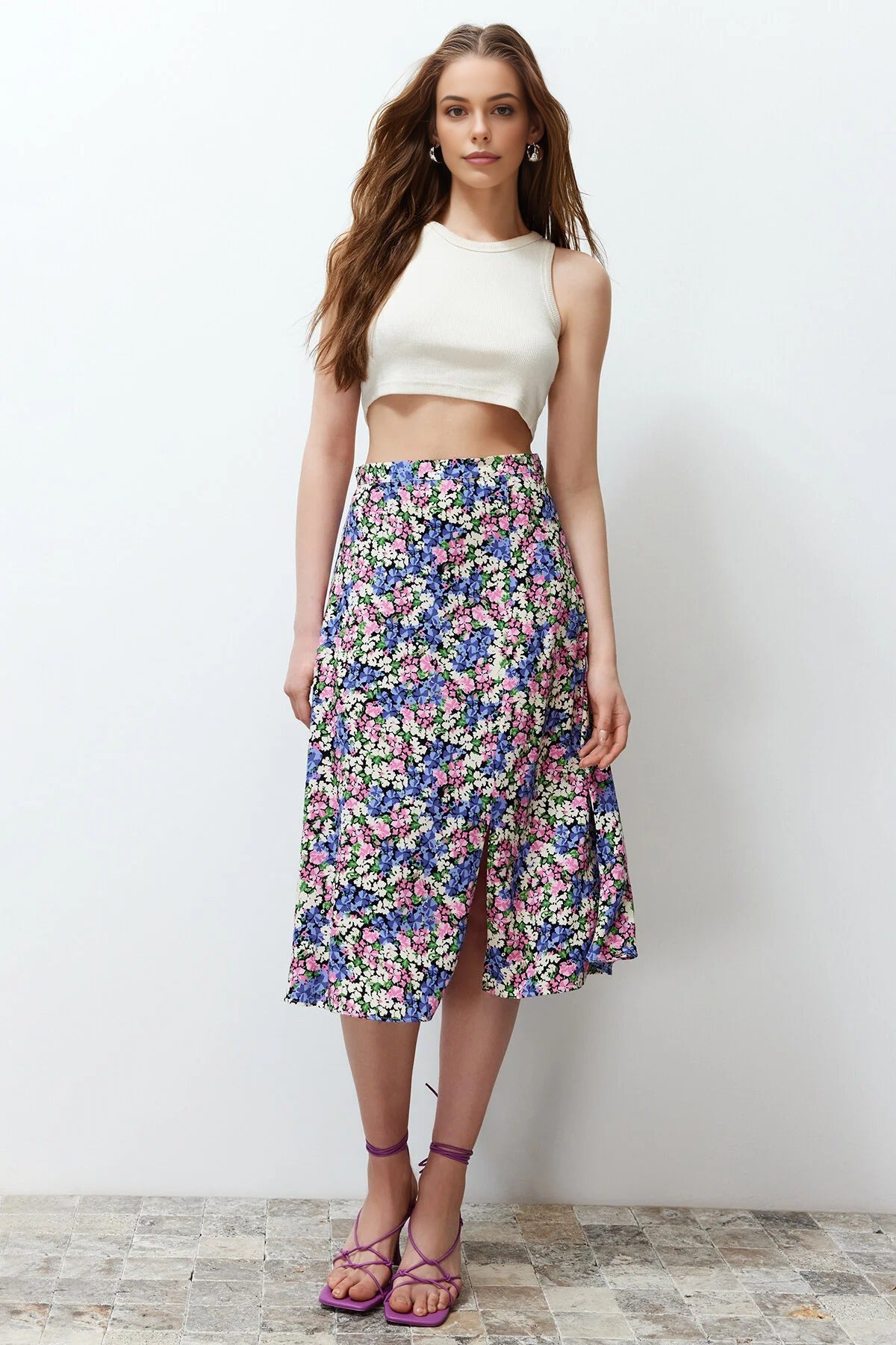 Floral Print Midi Woven Skirt with Slit Detail