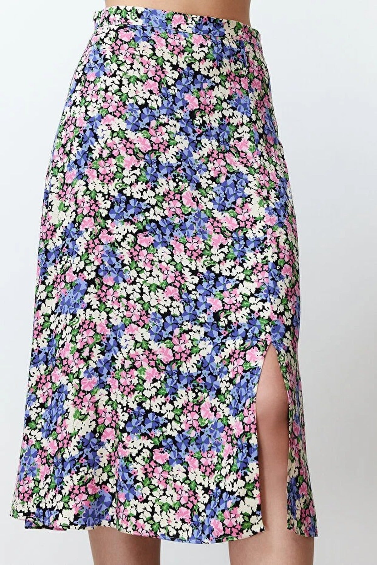 Floral Print Midi Woven Skirt with Slit Detail