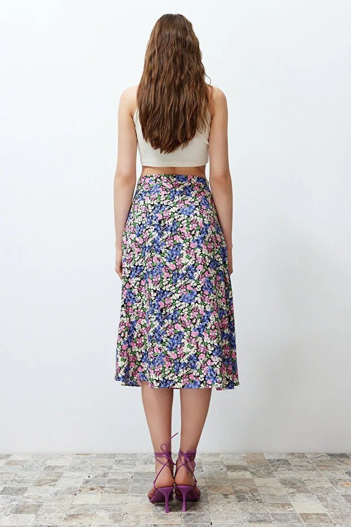 Floral Print Midi Woven Skirt with Slit Detail