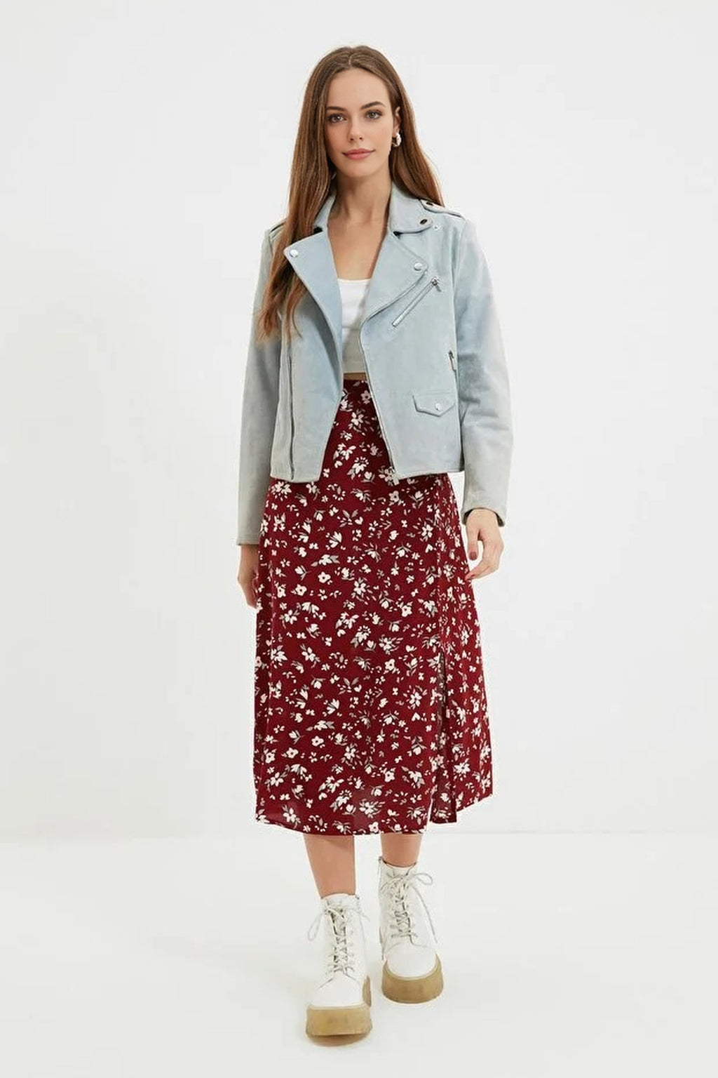 Floral Print Midi Woven Skirt with Slit Detail