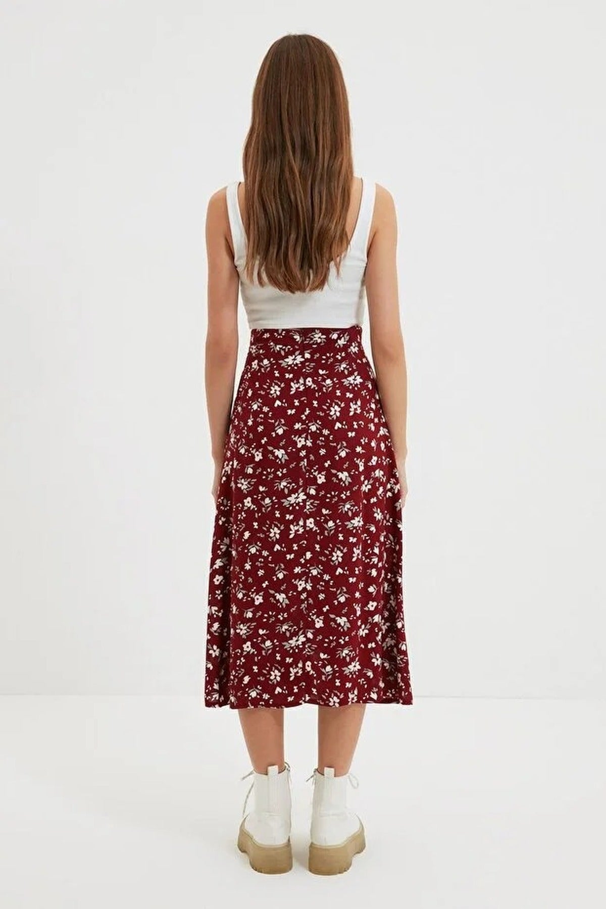 Floral Print Midi Woven Skirt with Slit Detail
