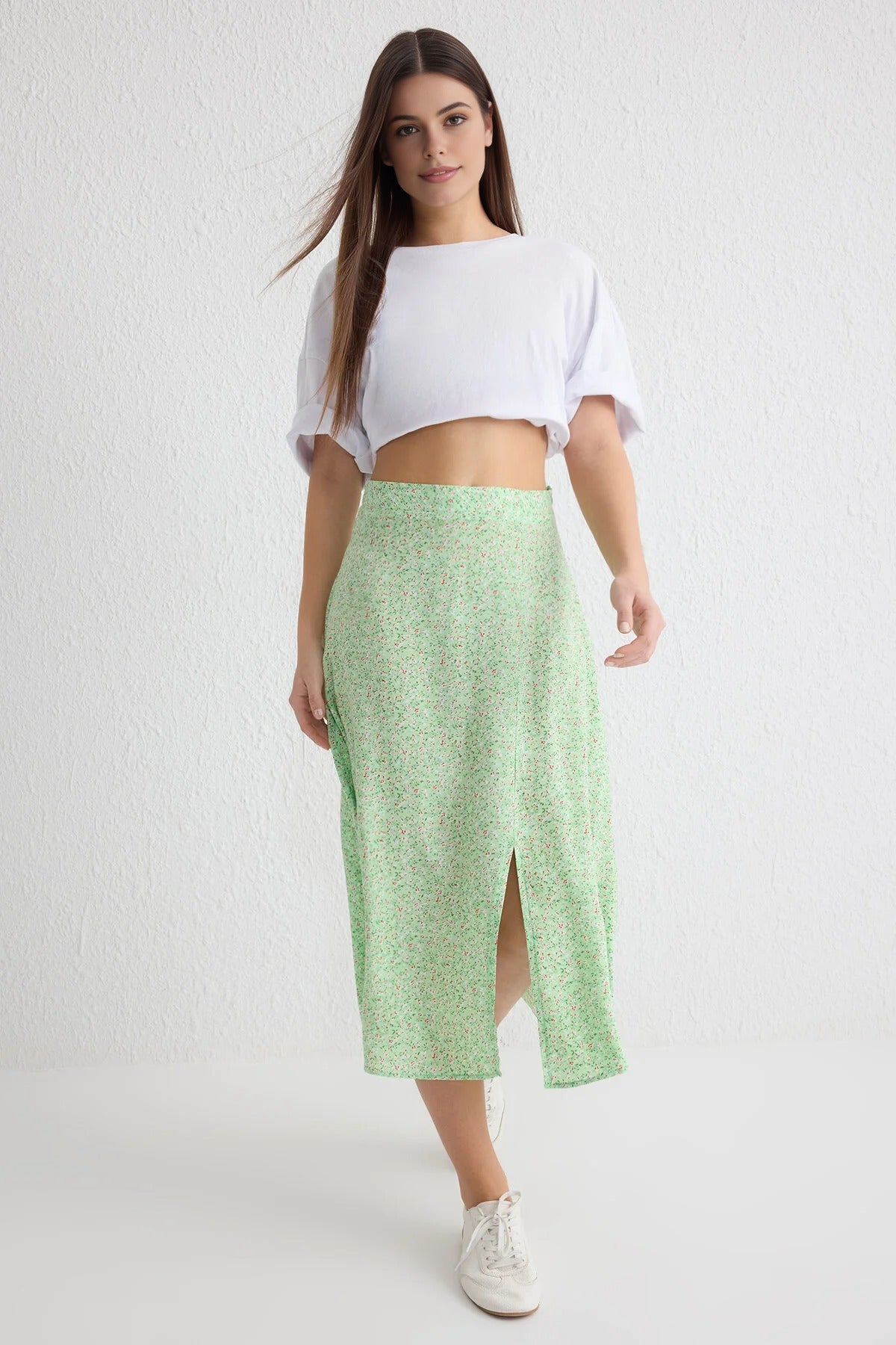 Floral Print Midi Woven Skirt with Slit Detail