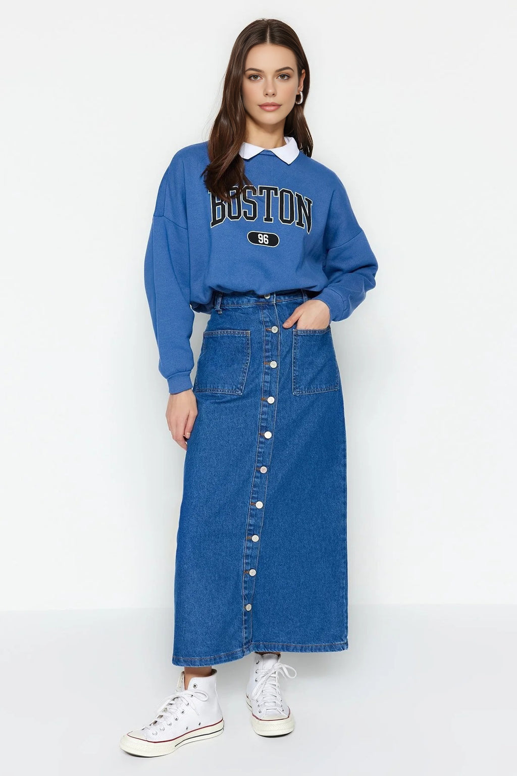 Double Pocket High Waist Maxi Denim Skirt with Button Detail