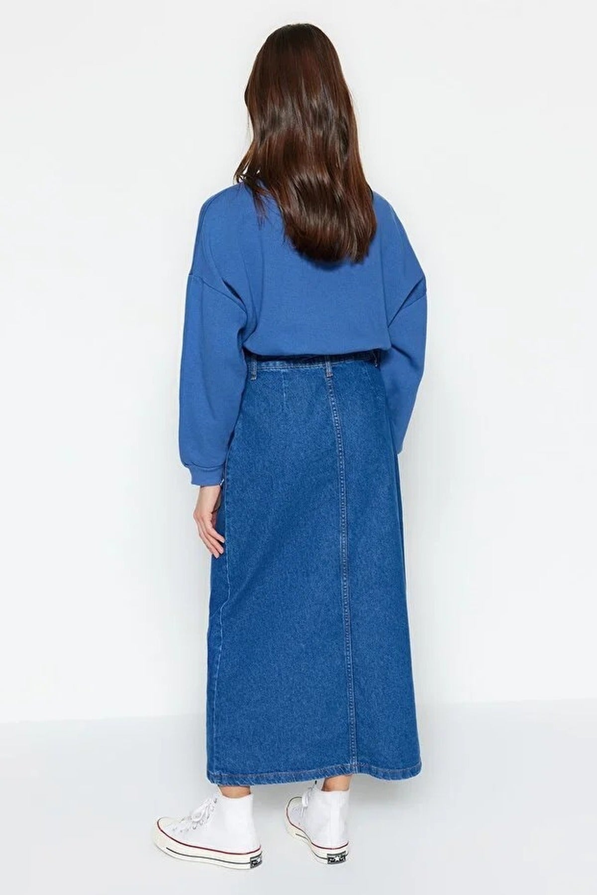 Double Pocket High Waist Maxi Denim Skirt with Button Detail