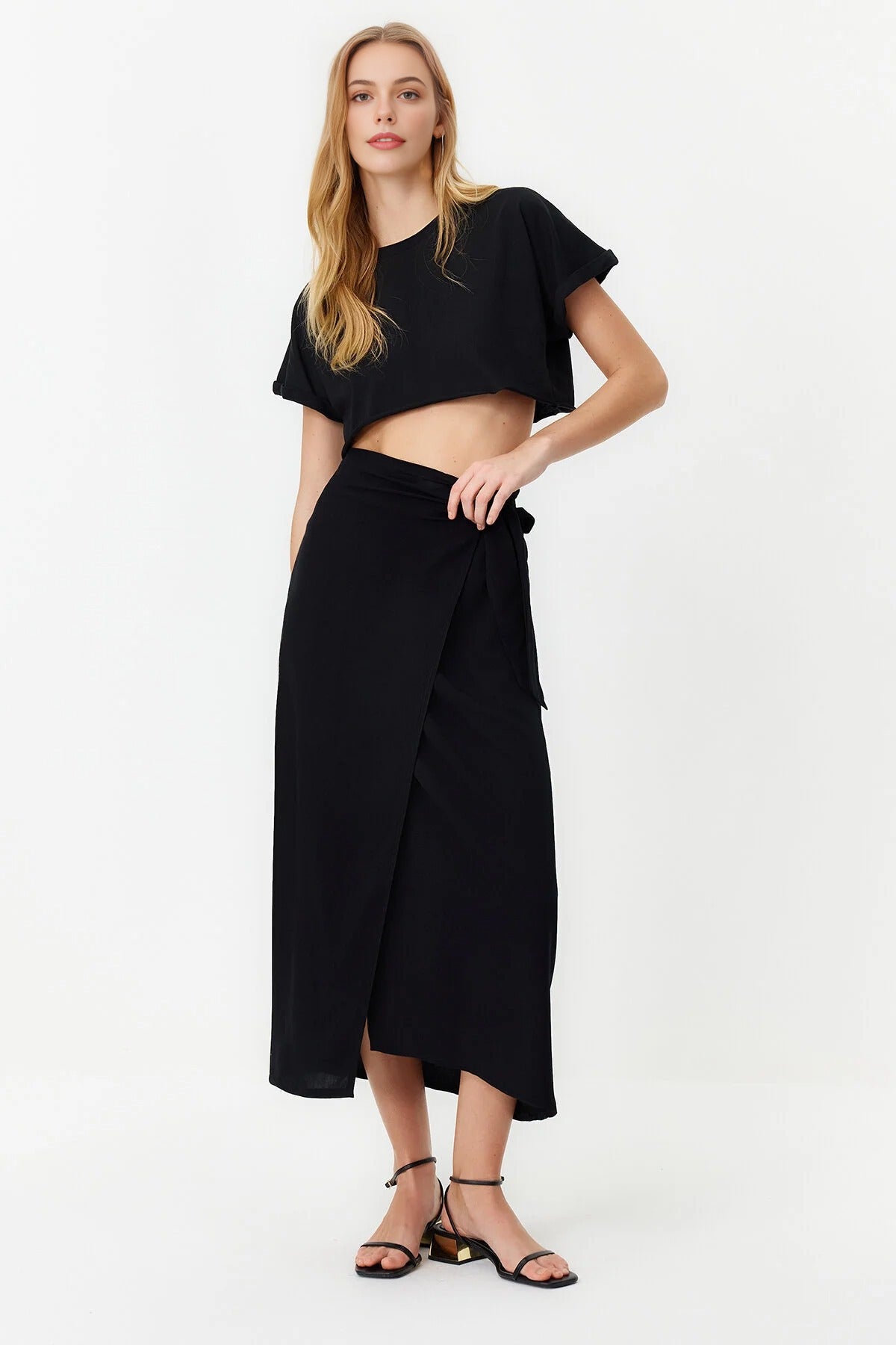 Double Breasted Maxi Length Woven Skirt with Tie Detail