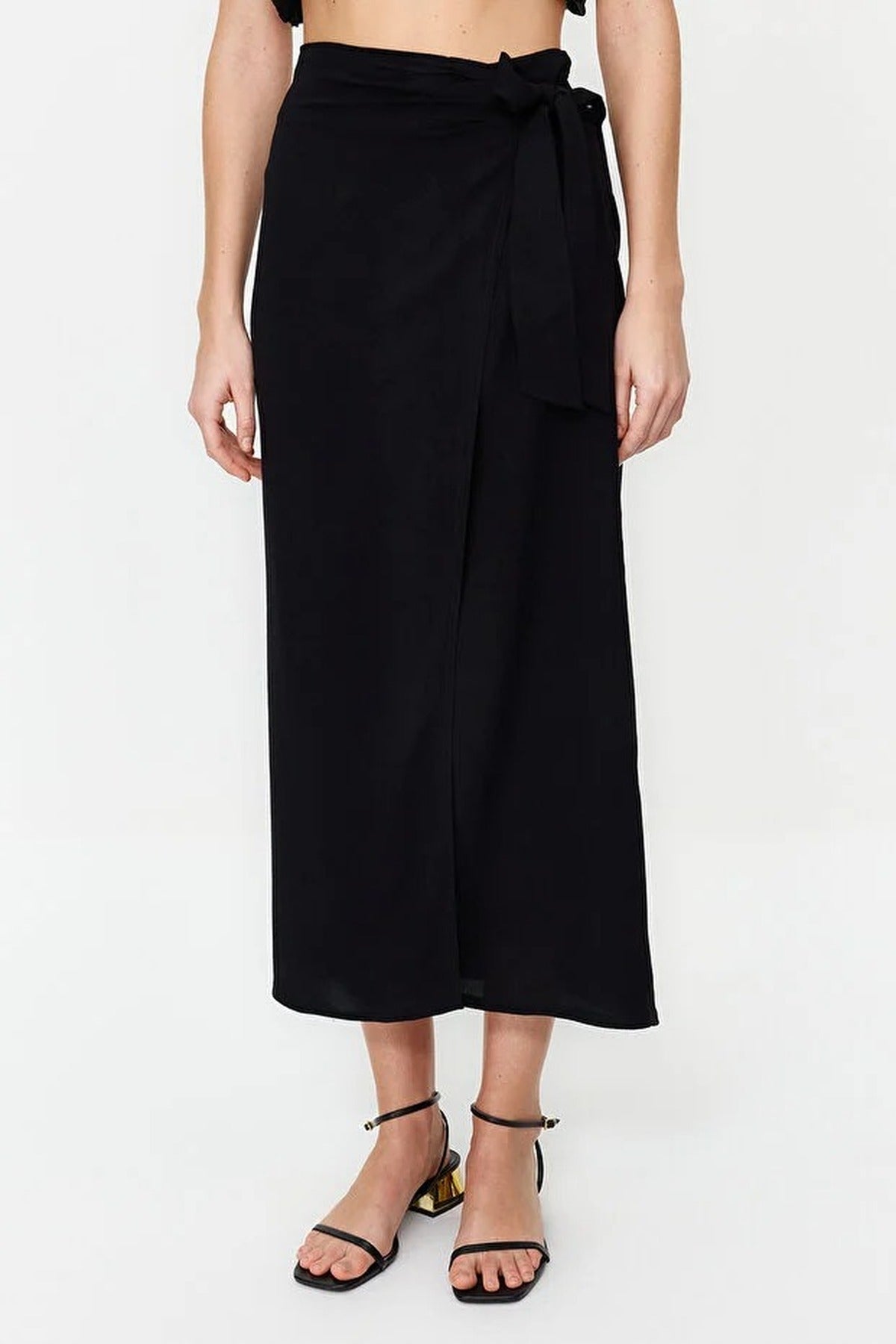 Double Breasted Maxi Length Woven Skirt with Tie Detail