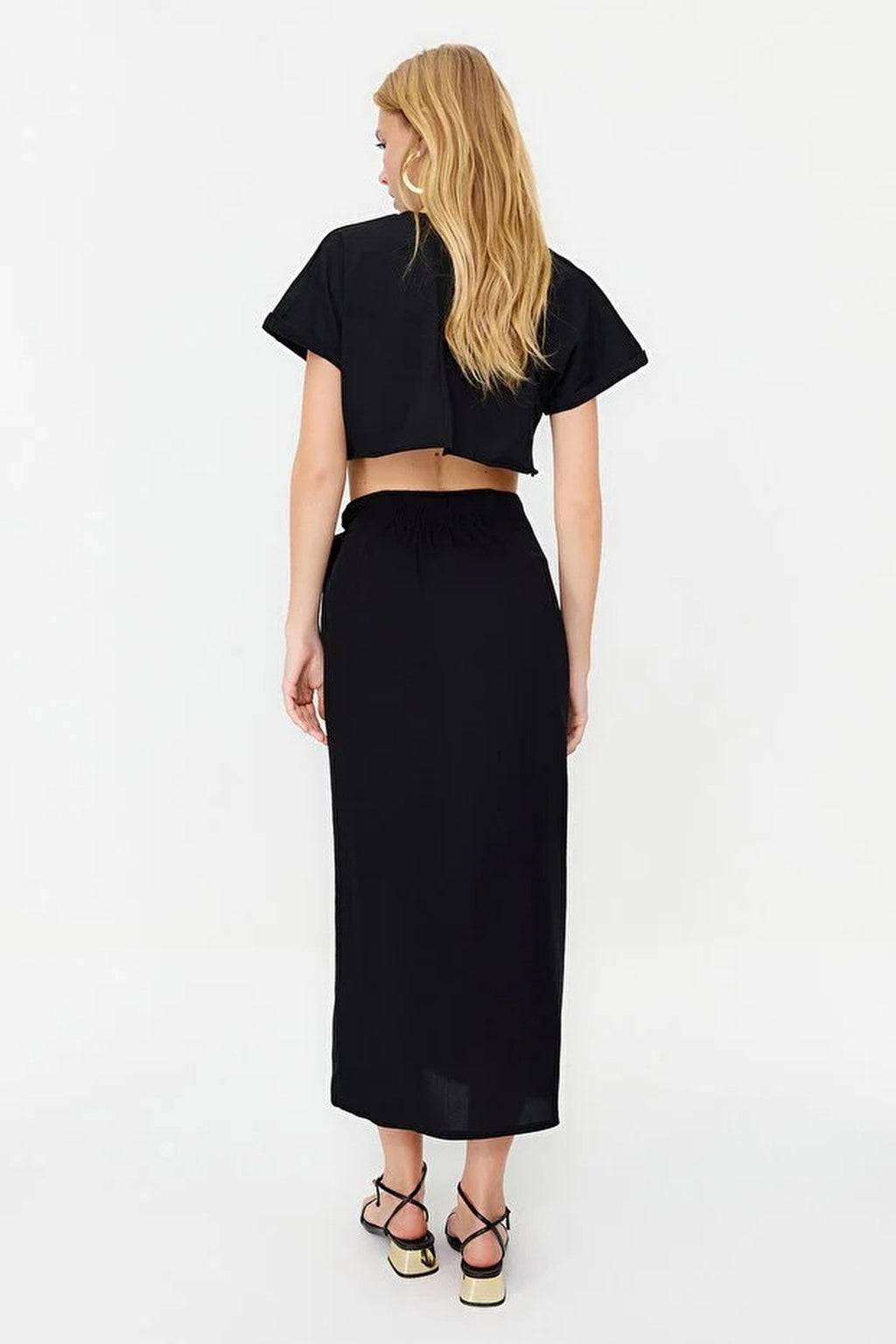 Double Breasted Maxi Length Woven Skirt with Tie Detail