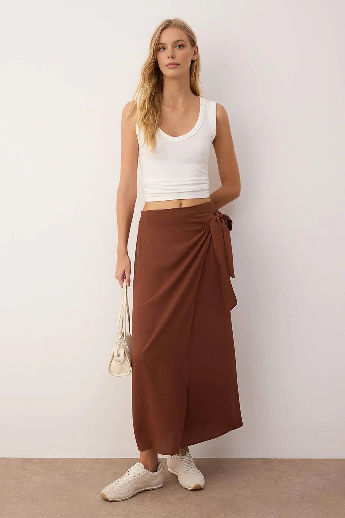 Double Breasted Maxi Length Woven Skirt with Tie Detail