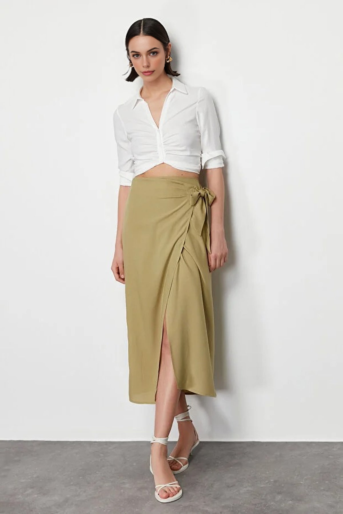 Double Breasted Maxi Length Woven Skirt with Tie Detail