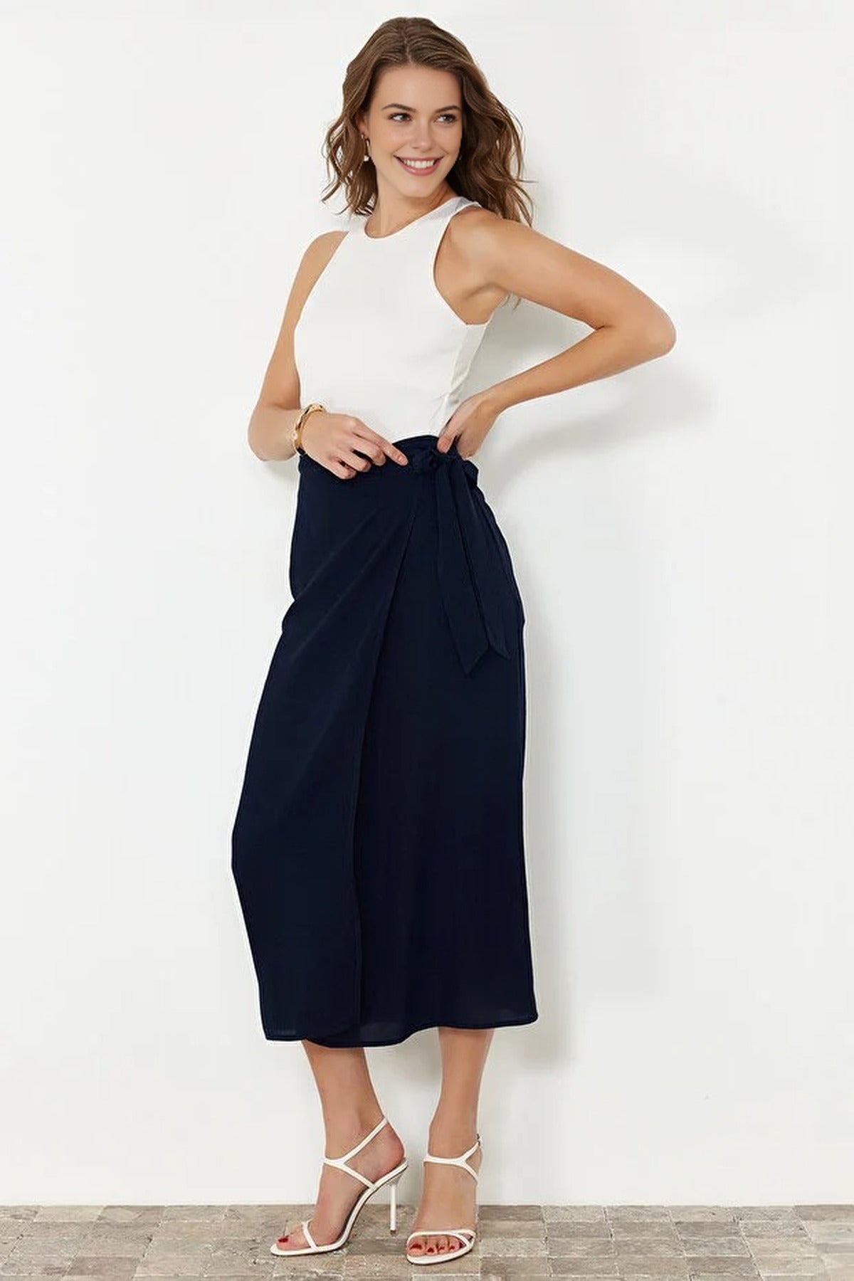 Double Breasted Maxi Length Woven Skirt with Tie Detail