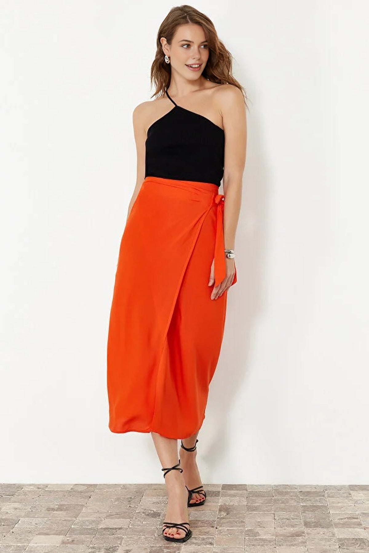 Double Breasted Maxi Length Woven Skirt with Tie Detail
