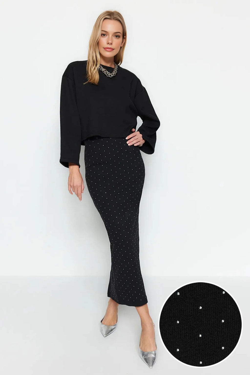 Midi Knit Skirt with Stone Accessory Detail