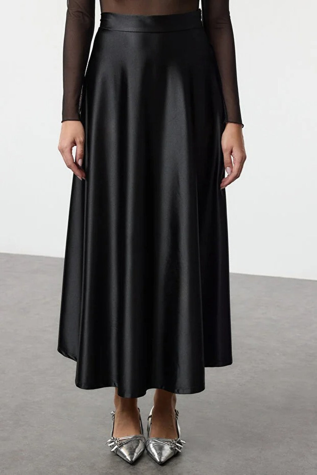 A-Line Cut Midi Satin Skirt