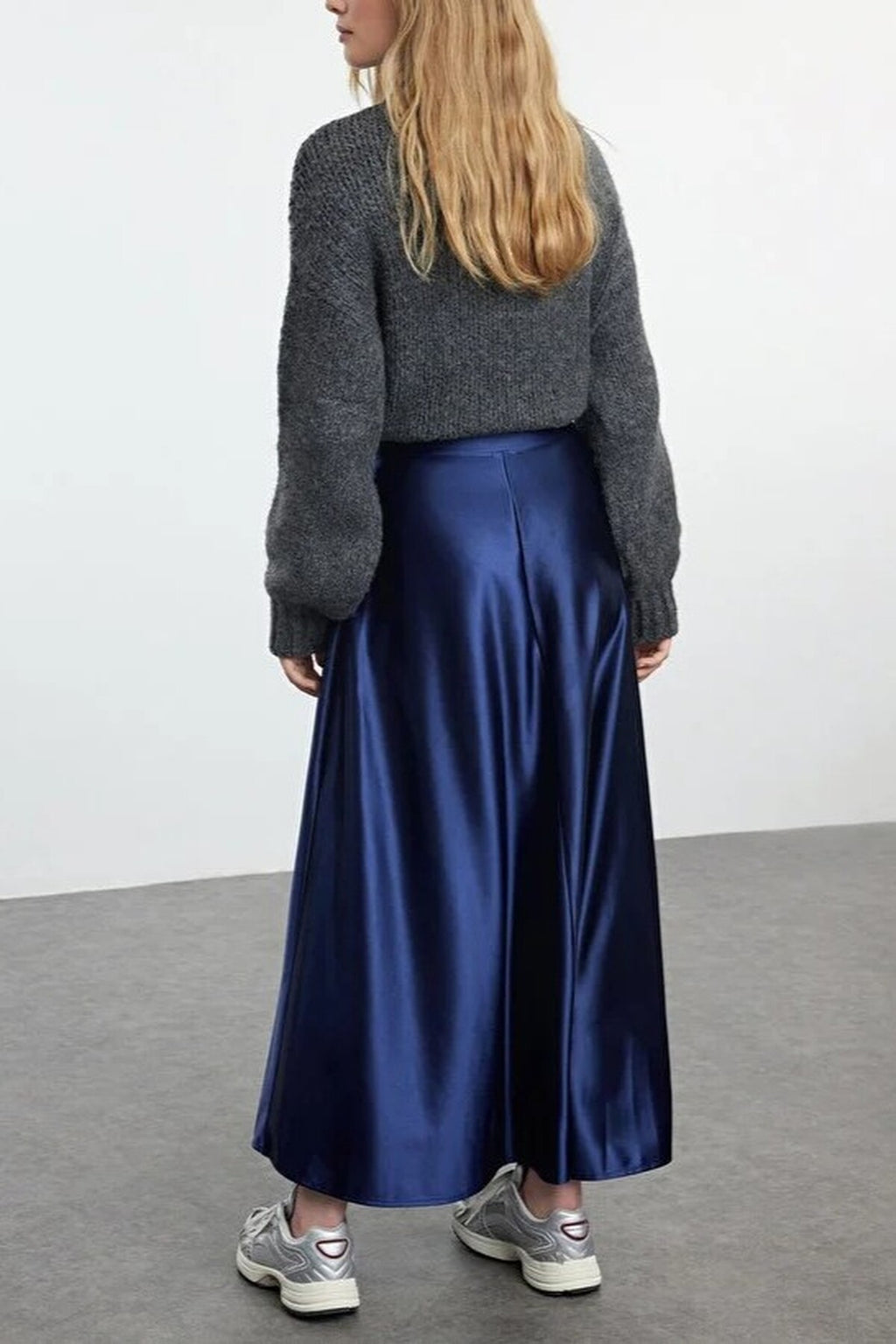 A-Line Cut Midi Satin Skirt