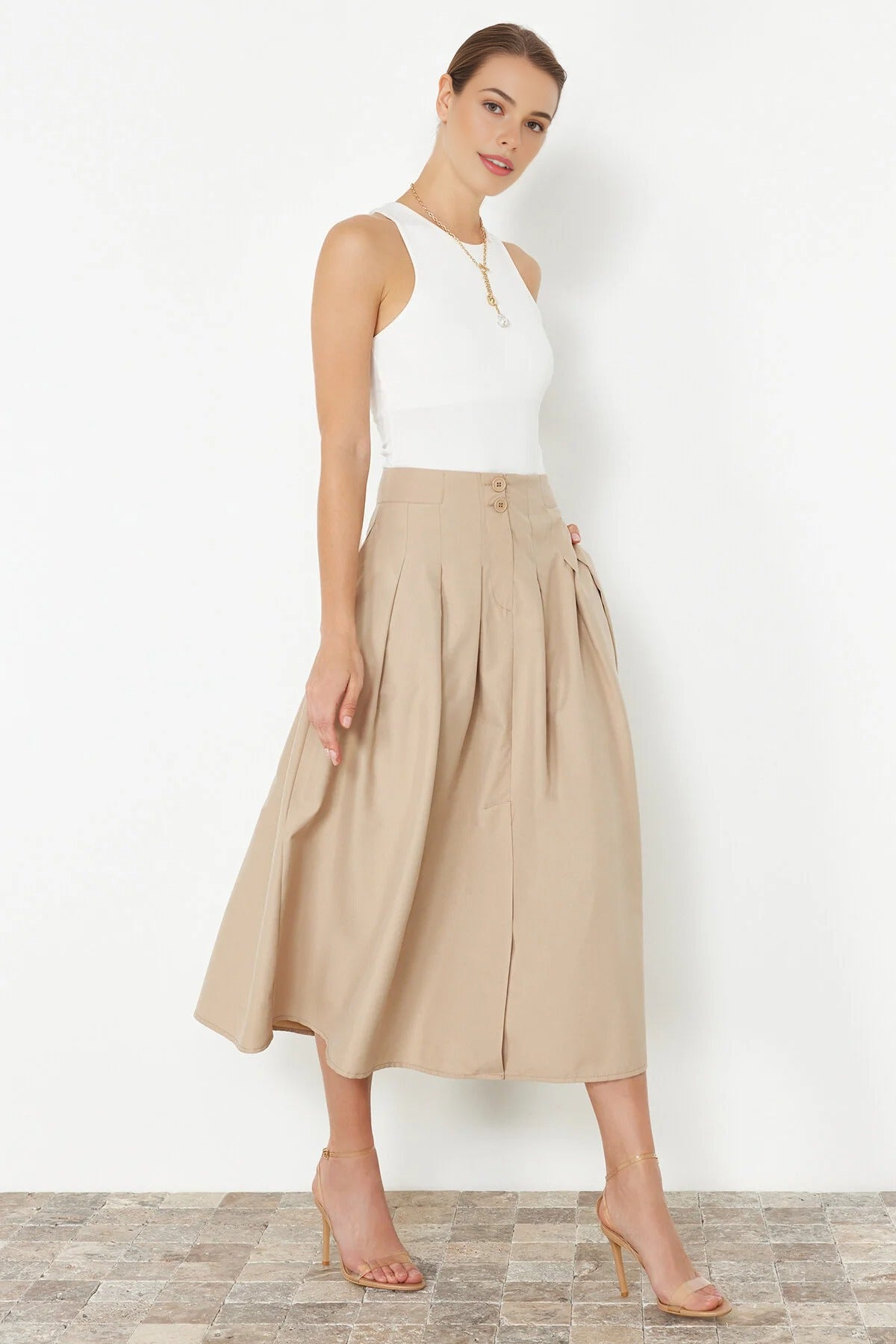Midi Woven Skirt with Pleat and Buttons Detail