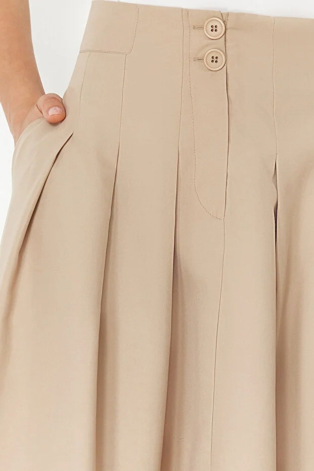 Midi Woven Skirt with Pleat and Buttons Detail