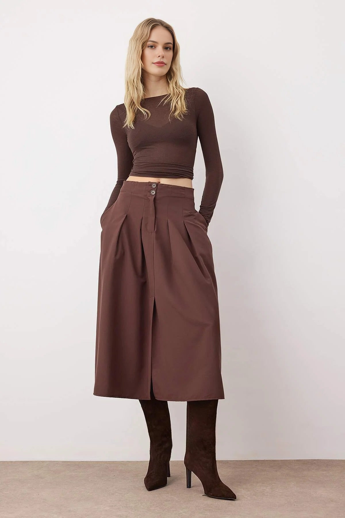 Midi Woven Skirt with Pleat and Buttons Detail
