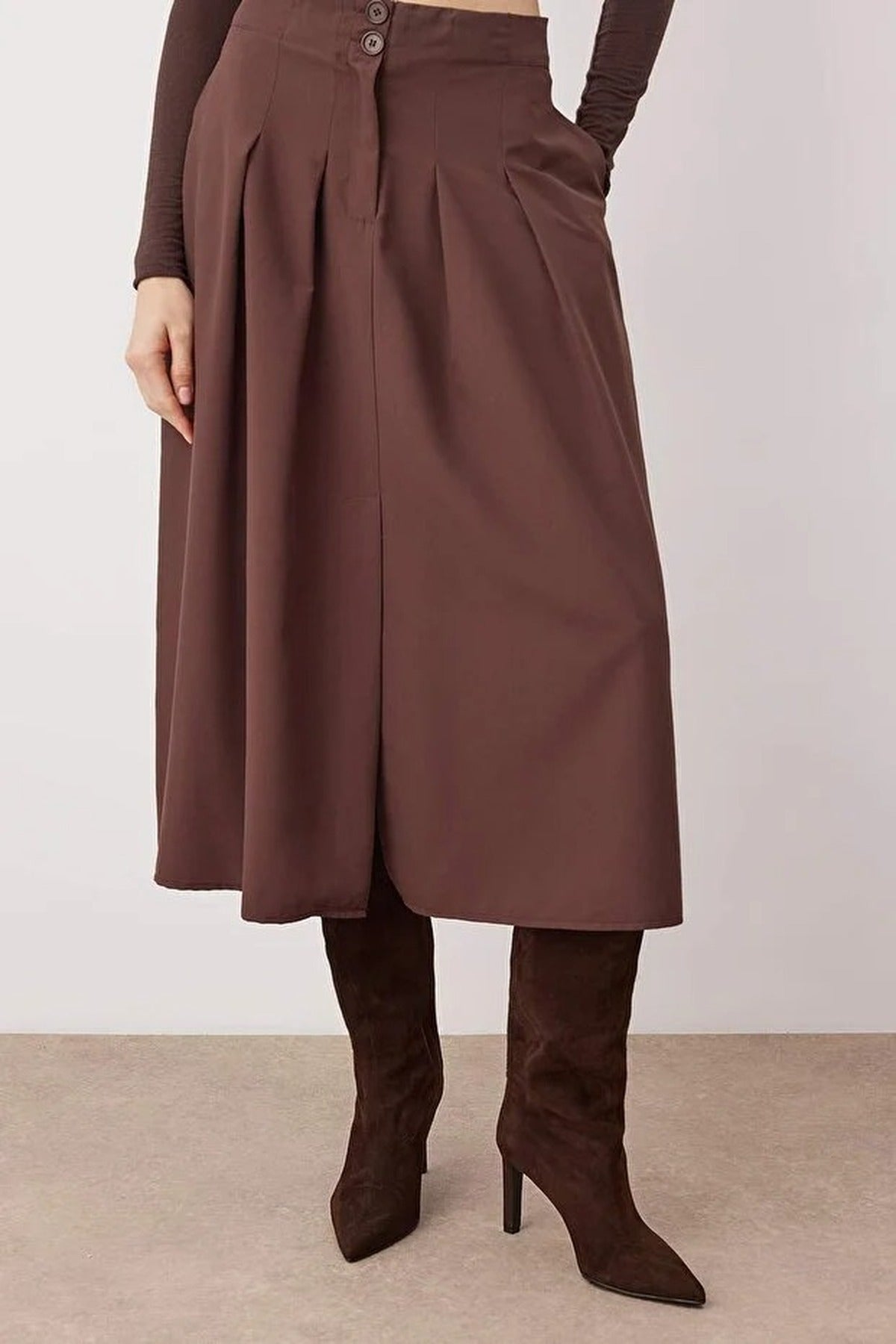 Midi Woven Skirt with Pleat and Buttons Detail