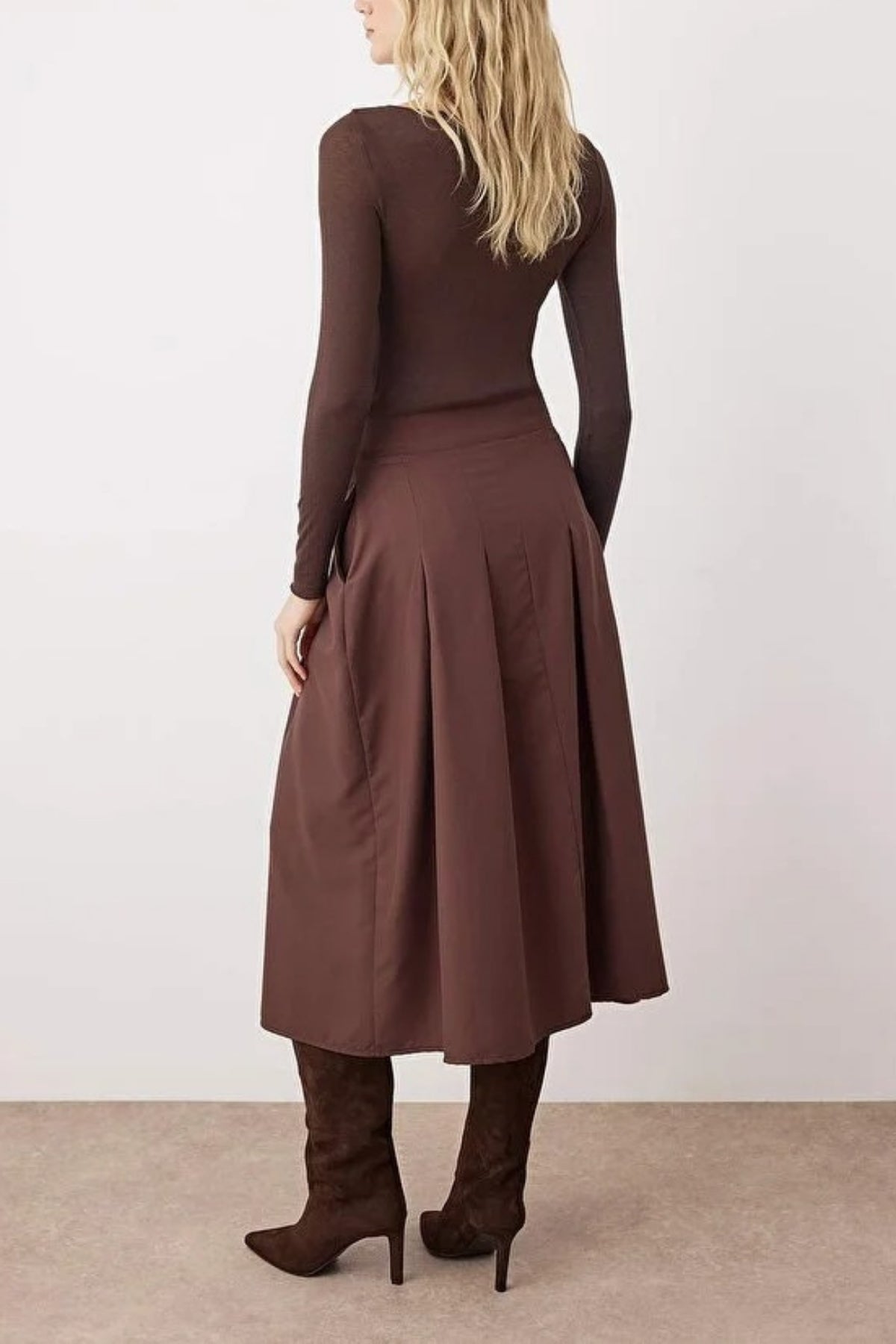 Midi Woven Skirt with Pleat and Buttons Detail